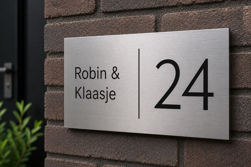 Naambord RVS 22 x 13 cm RVS naambord met twee namen links en groot huisnummer rechts op donkere stenen muur