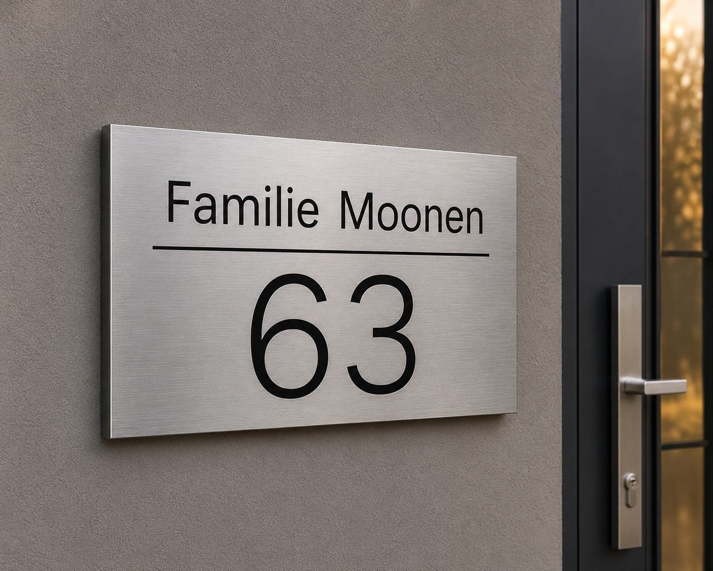 RVS familienaambord met groot huisnummer op grijze muur naast moderne voordeur