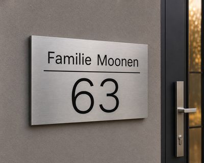RVS familienaambord met groot huisnummer op grijze muur naast moderne voordeur