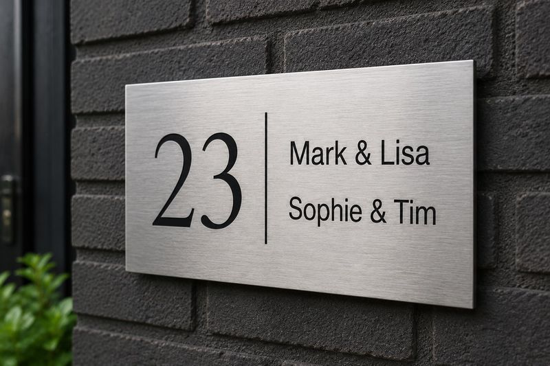 Naambord RVS 28 x 22cm met twee namen en groot huisnummer Modern RVS naambord met twee namen en groot huisnummer op donkere stenen muur