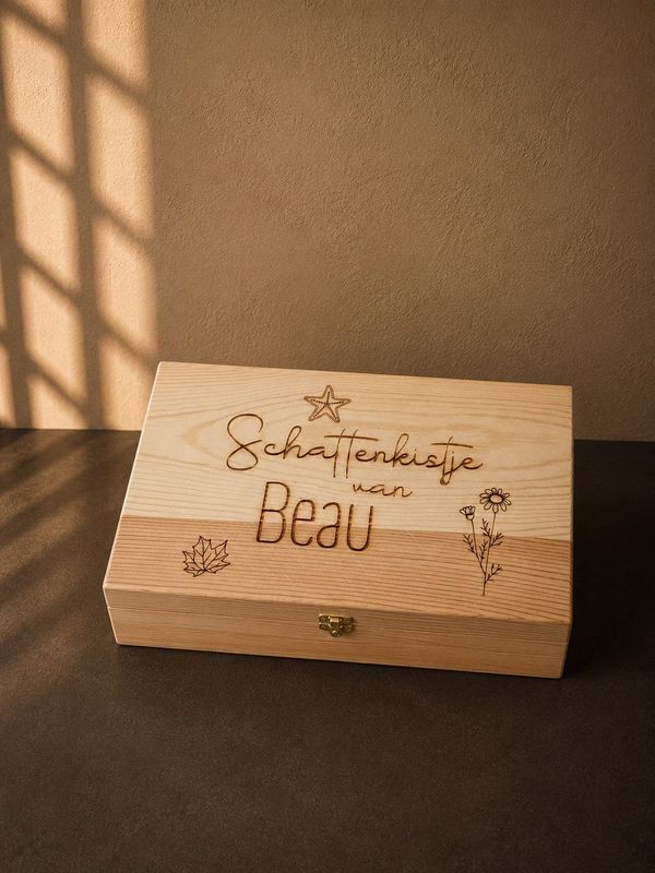 Houten schattenkist met naam Houten schattenkist met naam gegraveerd persoonlijke bewaarkist voor herinneringen