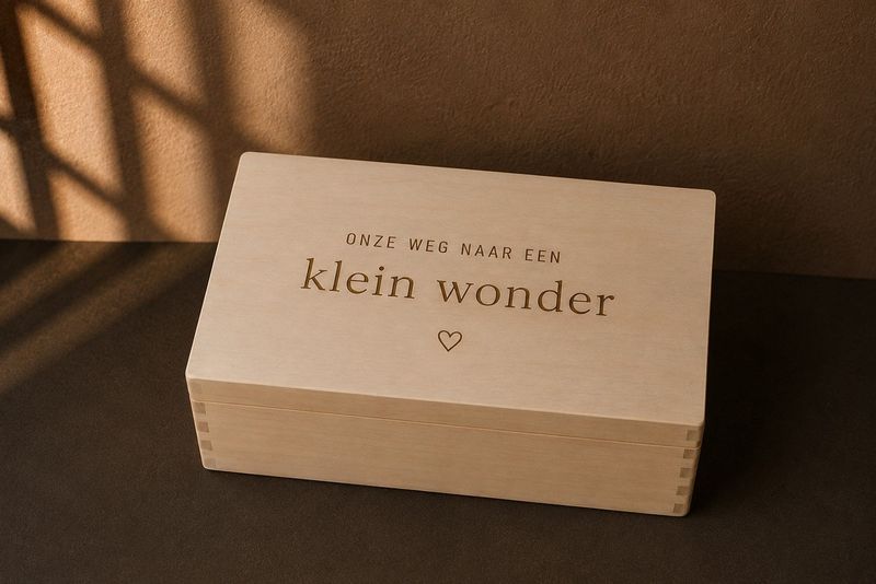 Houten bewaarkist 'Onze weg naar een klein wonder' Houten bewaarkist 'Onze weg naar een klein wonder'