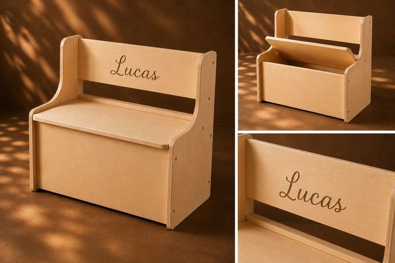 Houten kinderbankje met opbergruimte en naam Houten kinderbankje met opbergruimte en gegraveerde naam Lucas