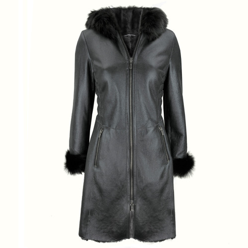 Gerard Darel Black sheep skin coat with fur hood