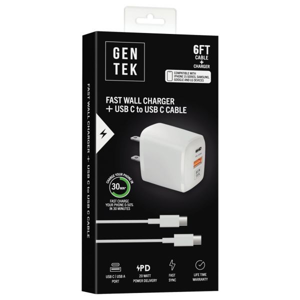 Wall Charger w/6ft USB-C to USB-C Cable - white