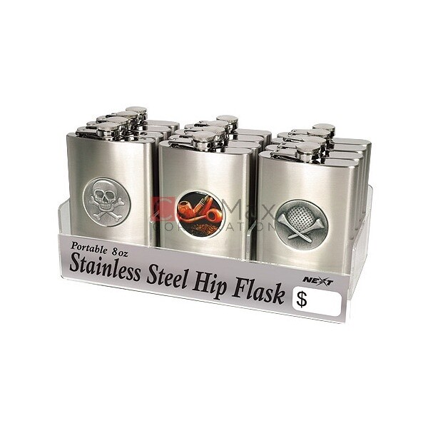 8 OZ FLASK STAINLESS STEEL DISPLAY 12CT