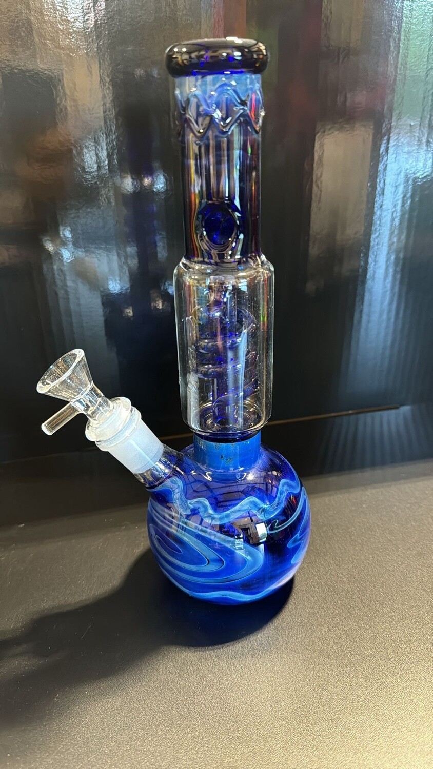 WATER PIPE 9.5&quot; ROUND SHAPE BASE W/SWIRL BLUE