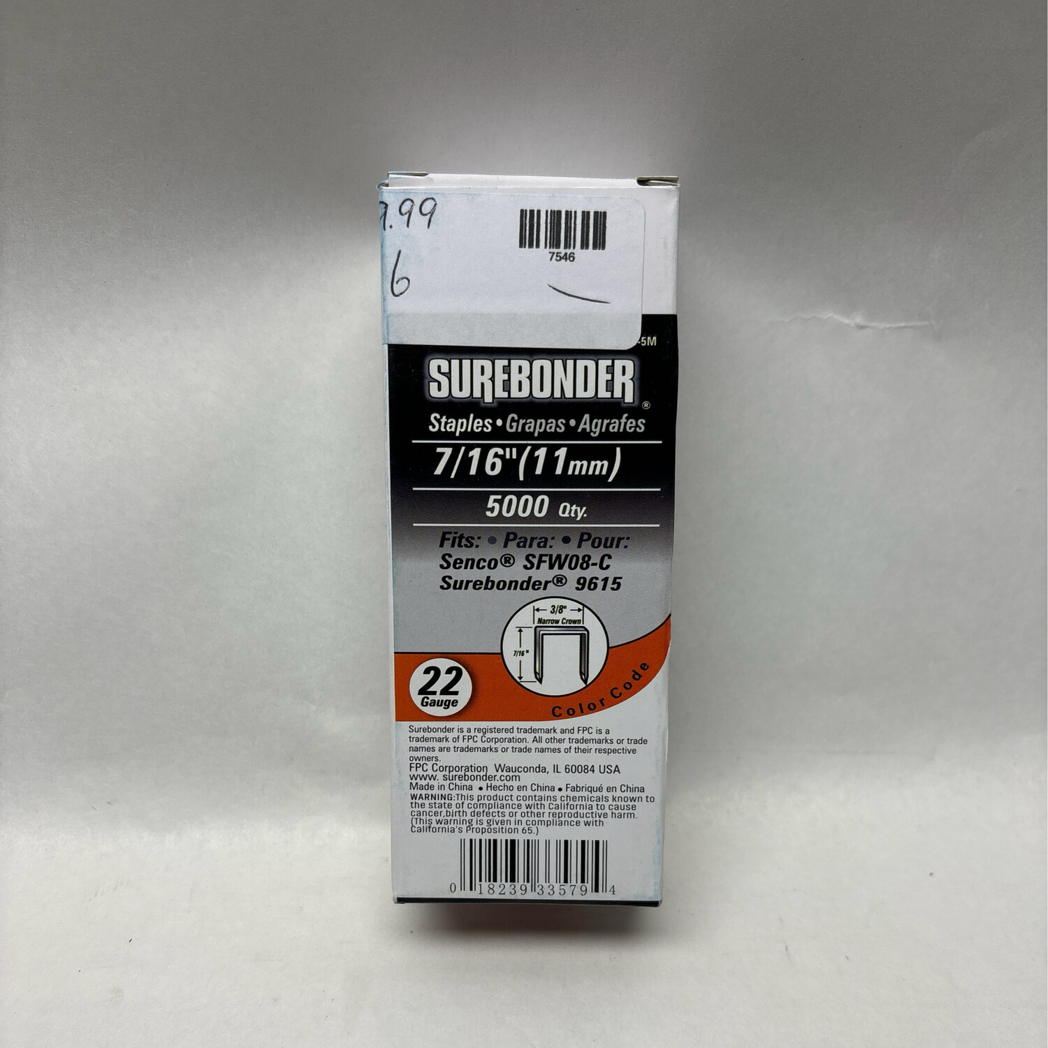 Surebonder 7/16 in. Leg x 3/8 in. Narrow Crown 22-Gauge Collated Standard Staples (5000-Per Box) 300-716-5M