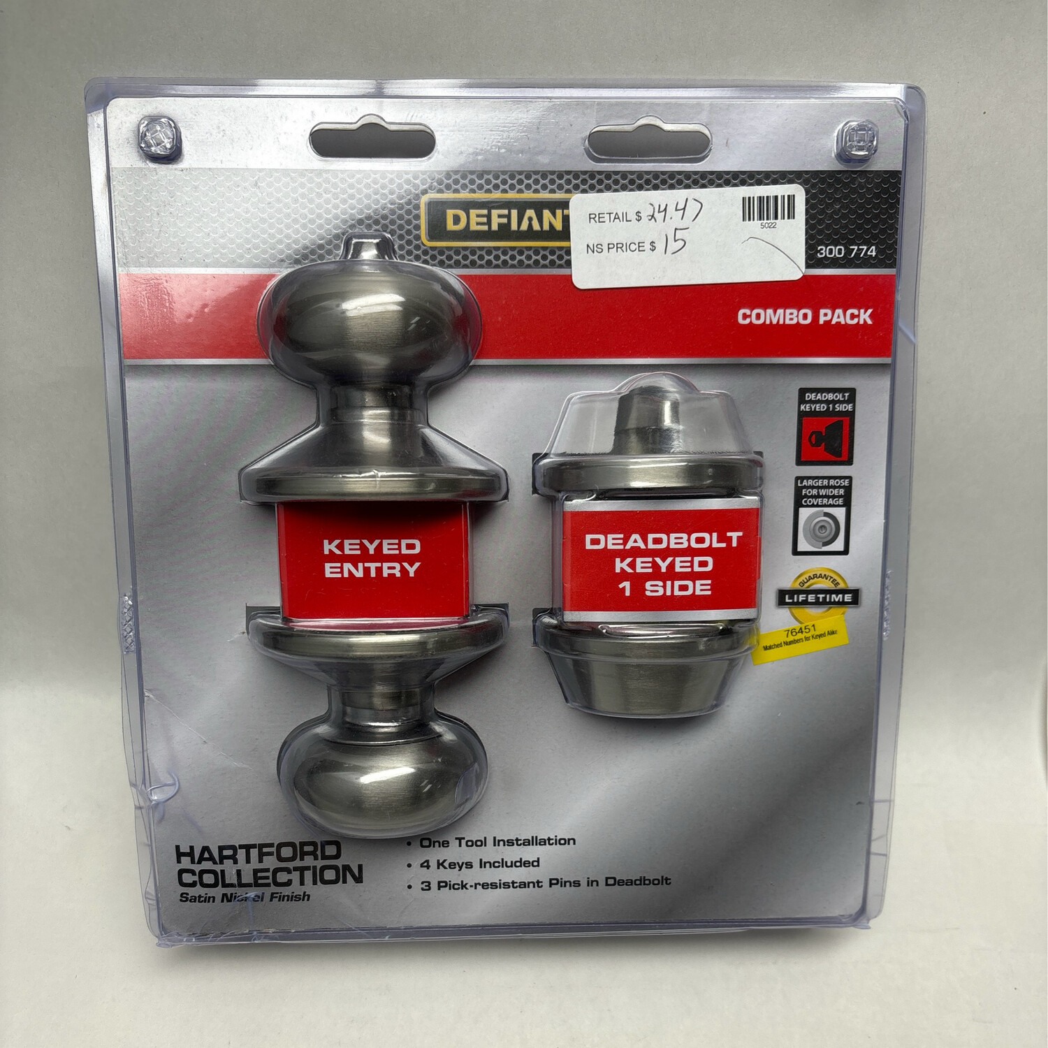 Defiant Hartford Satin Nickel Entry Knob and Single Cylinder Deadbolt Combo Pack BGX2L1B