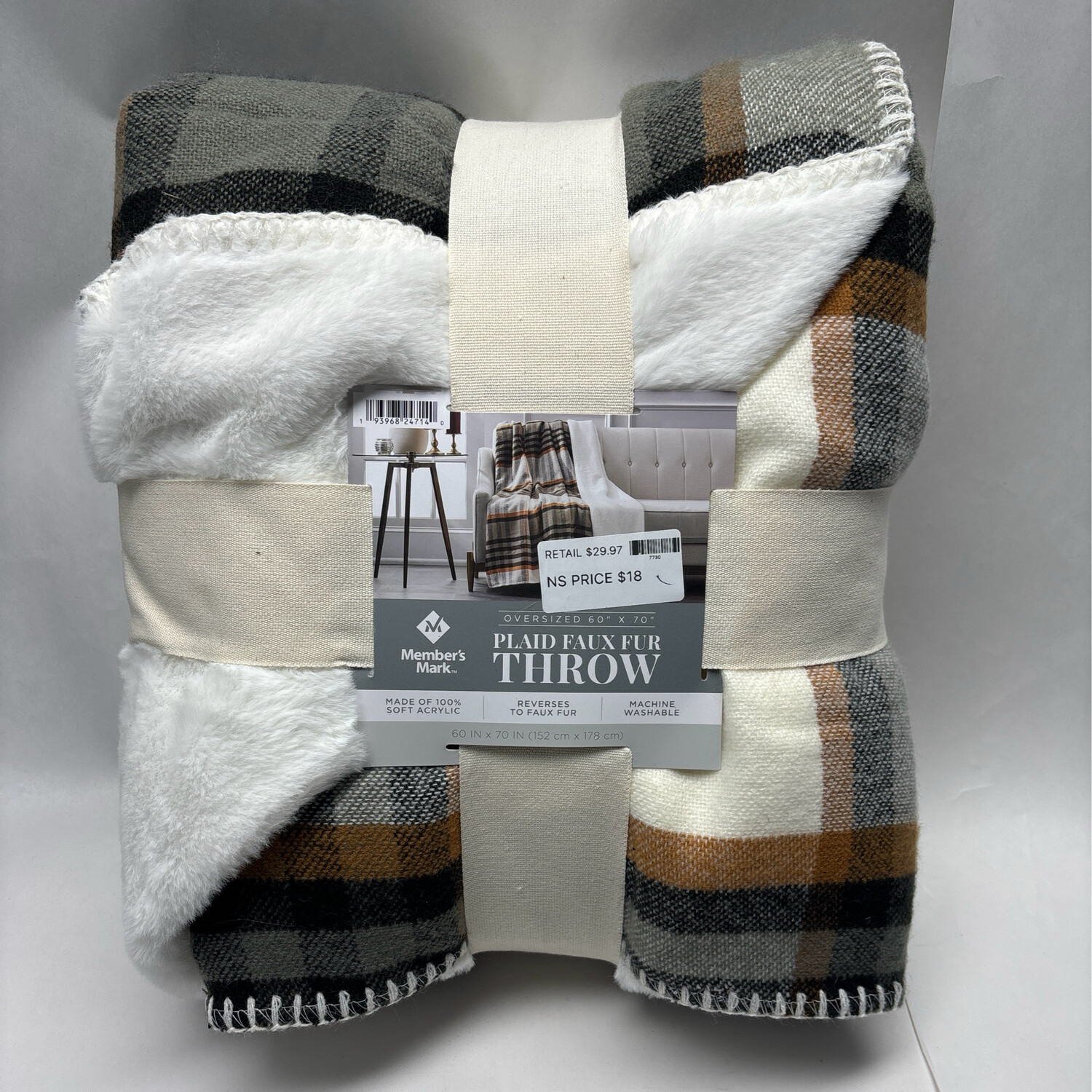 Tan Members Mark Member&#39;s Mark Plaid Faux Fur Throw, 60&quot;x70&quot;