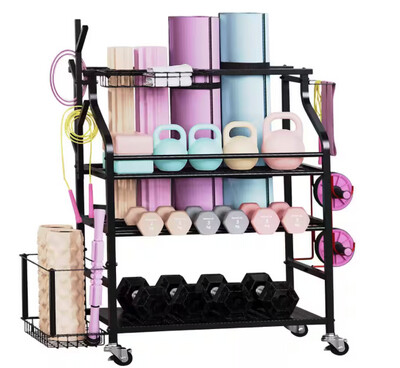 Sttoraboks 4 Layers Yoga Mat Storage Rack, Dumbbells Rack, Home Gym Holder Garage Storage Organizer with Wheels and Hooks YM-001-D23