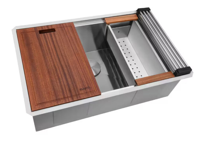 Ruvati 28 in. Single Bowl Undermount 16-Gauge Stainless Steel Ledge Kitchen Sink with Sliding Accessories RVH8309