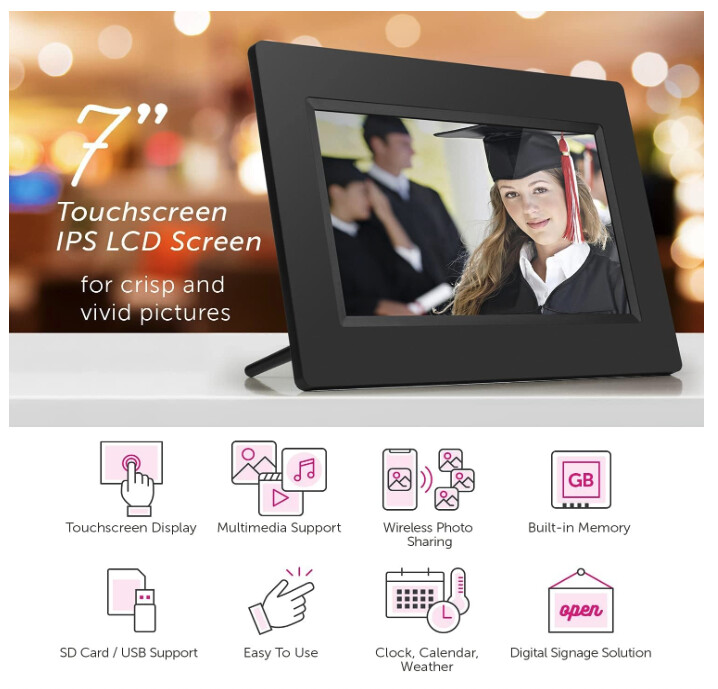 Aluratek 7&quot; LCD WiFi Digital Photo Frame with Touchscreen and 8GB Built-in Memory