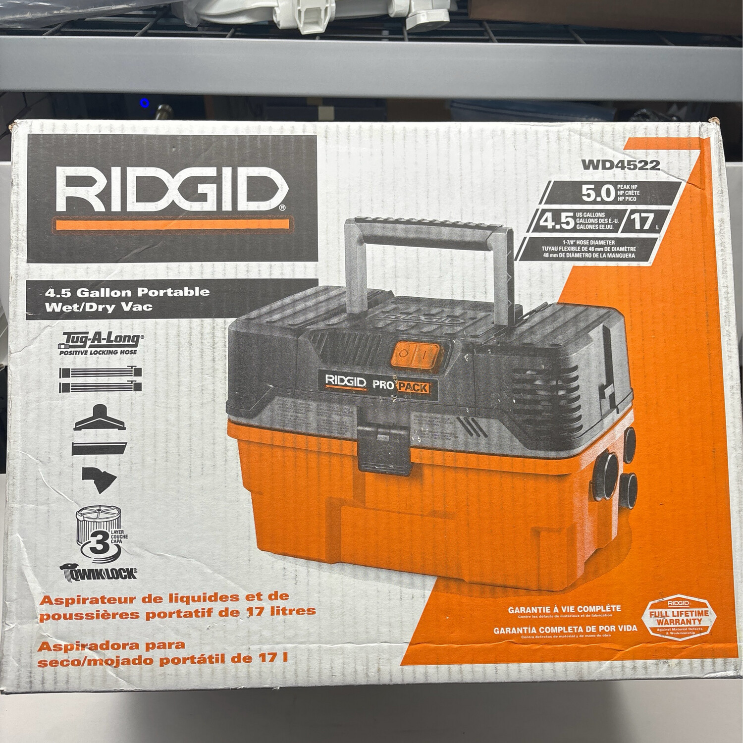 Ridgid 4.5 Gallon 5.0 Peak HP ProPack Wet/Dry Shop Vacuum with Fine Dust Filter, Expandable Locking Hose and Accessories WD4522