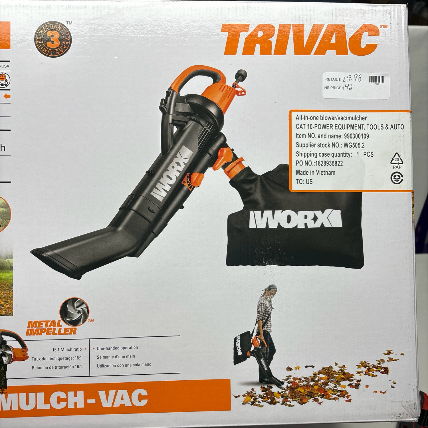 Worx TRIVAC 12 Amp 3-in-1 Blower/Mulcher/Vacuum