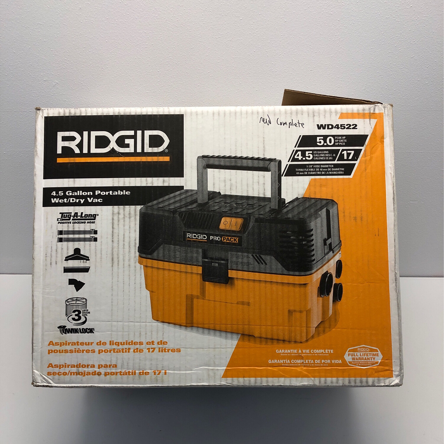 Ridgid 4.5 Gallon 5.0 Peak HP ProPack Wet/Dry Shop Vacuum with Fine Dust Filter, Expandable Locking Hose and Accessories WD4522.