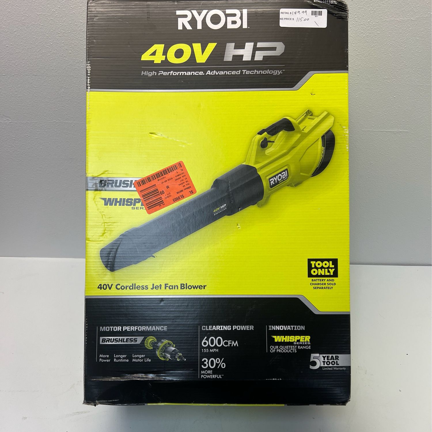 Ryobi 40V HP Brushless Whisper Series 155 MPH 600 CFM Cordless Battery Leaf Blower (Tool Only) RY404013BTL