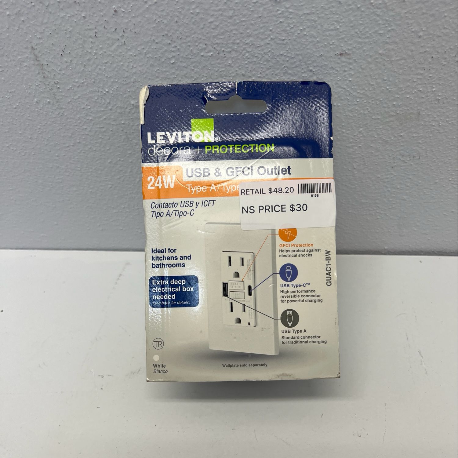 Leviton 5 Amp SmartlockPro Self-Test GFCI Combination 24-Watt (4.8 Amp) Type A/C USB In-Wall Charger Duplex Outlet, White R02-GUAC1-0BW