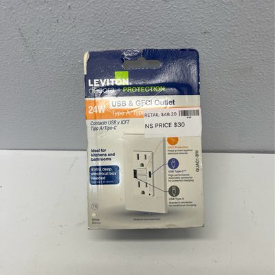 Leviton 5 Amp SmartlockPro Self-Test GFCI Combination 24-Watt (4.8 Amp) Type A/C USB In-Wall Charger Duplex Outlet, White R02-GUAC1-0BW