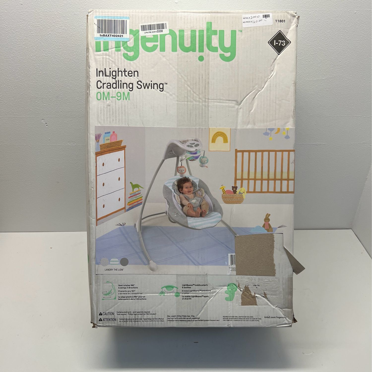 Ingenuity InLighten 6-Speed Foldable Baby Swing with Light Up Mobile, Swivel Infant Seat and Nature Sounds, 0-9 Months 6-20 lbs (Blue Landry the Lion) 11801