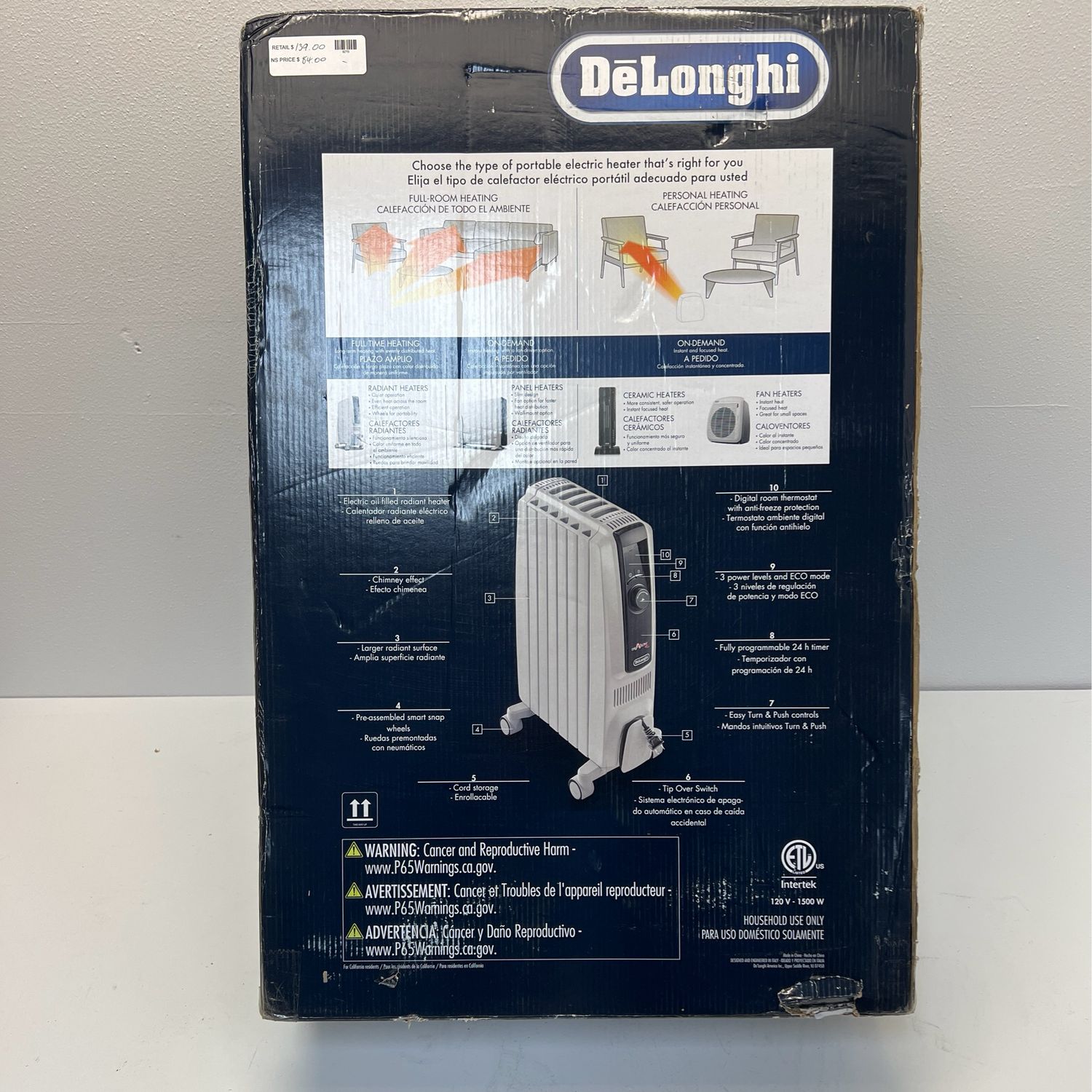 DeLonghi 1500-Watt 5120 BTU Electric Oil Filled Radiator Space Heater Quiet Full Room Comfort TRD50615E