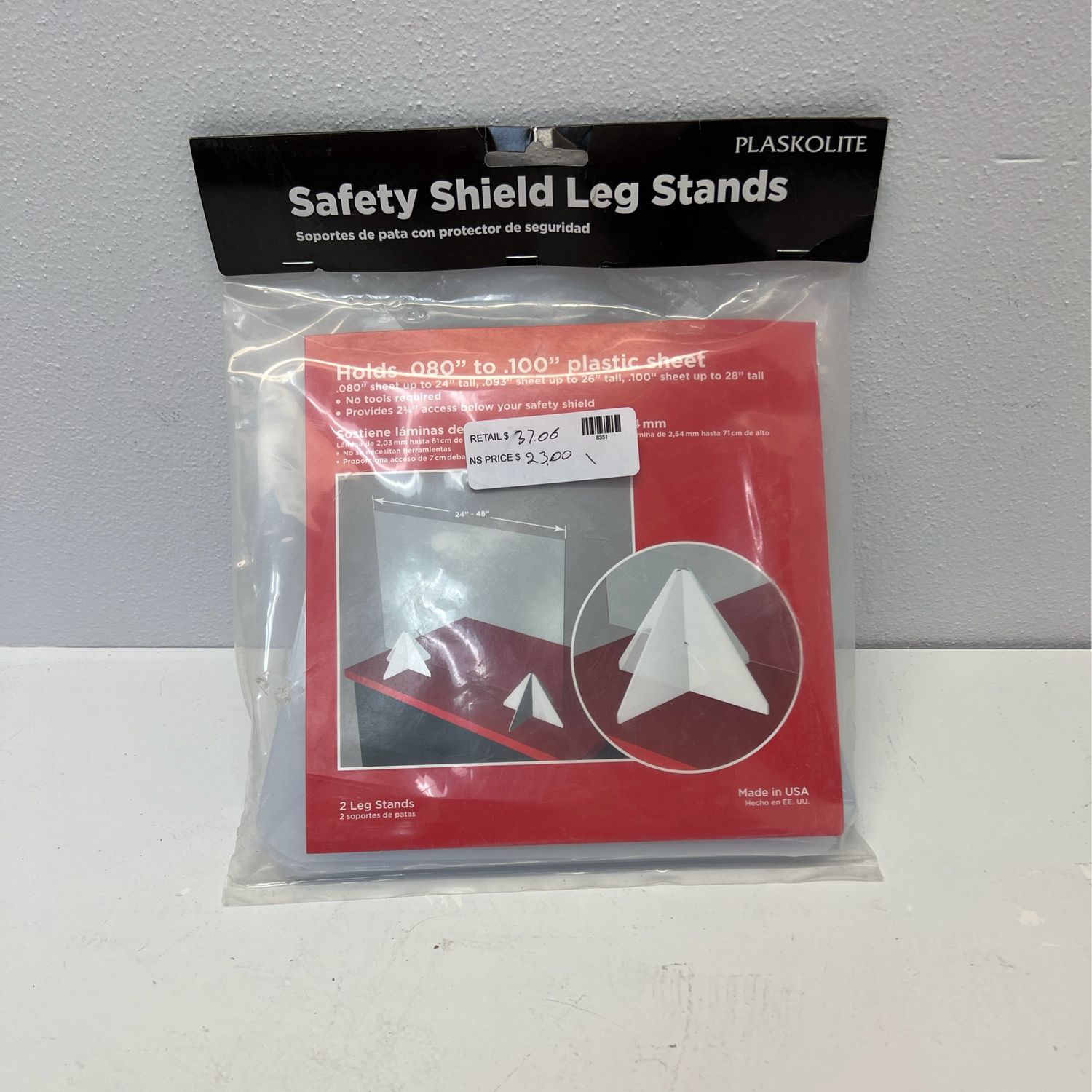 PLASKOLITE FG14749A Safety Shield Leg Stands Thin Gauge Clear Single Acrylic 2.1&quot; W X 4.9&quot; L X 0.21&quot; Clear