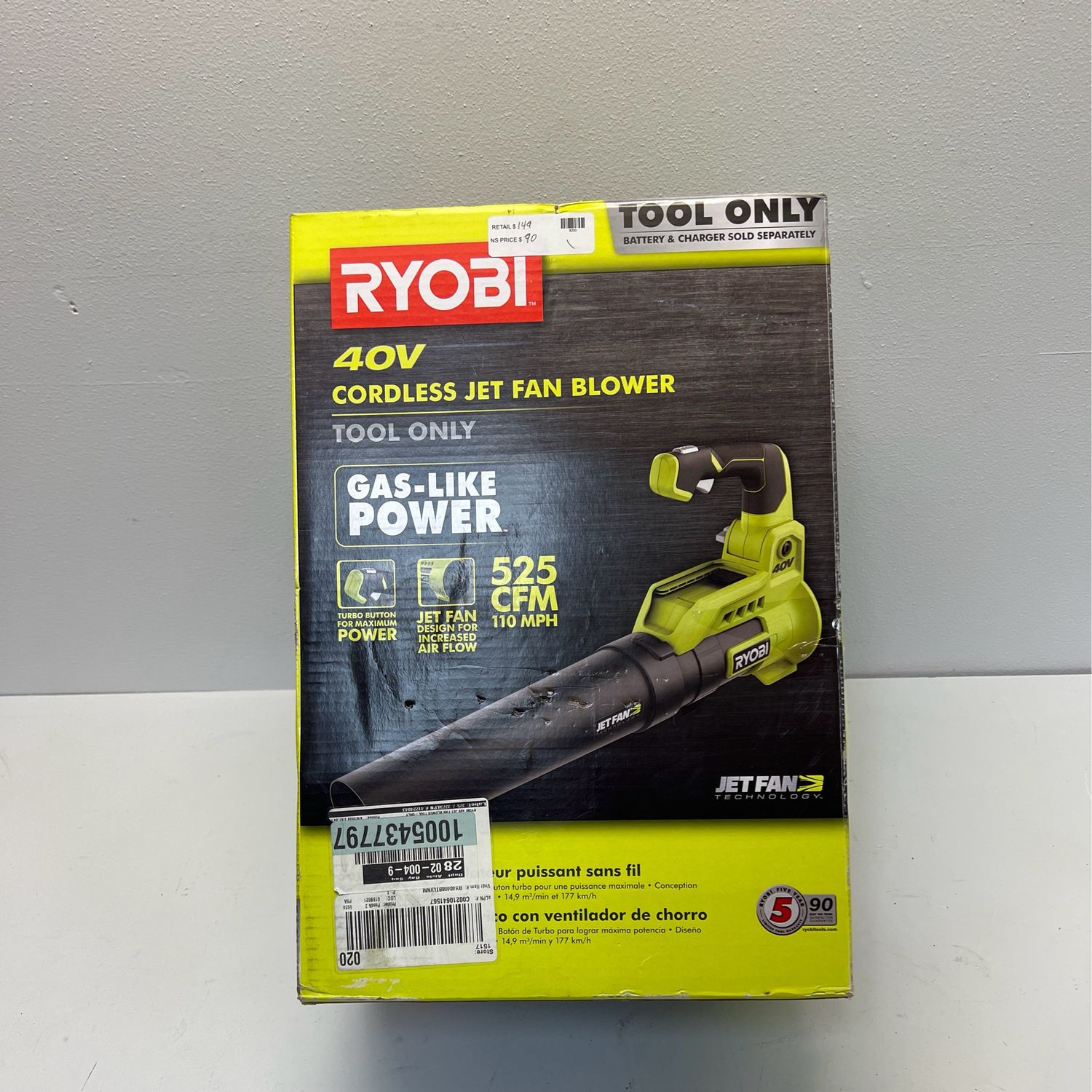 Ryobi 40V 110 MPH 525 CFM Cordless Battery Variable-Speed Jet Fan Leaf Blower (Tool-Only) RY40408BTL