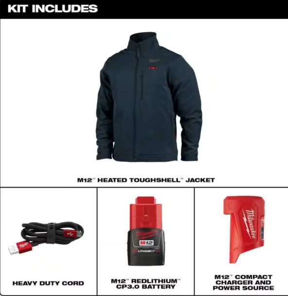 Milwaukee Men&#39;s X-Large M12 12V Lithium-Ion Cordless TOUGHSHELL Navy Blue Heated Jacket with (1) 3.0 Ah Battery and Charger 204BL-21XL