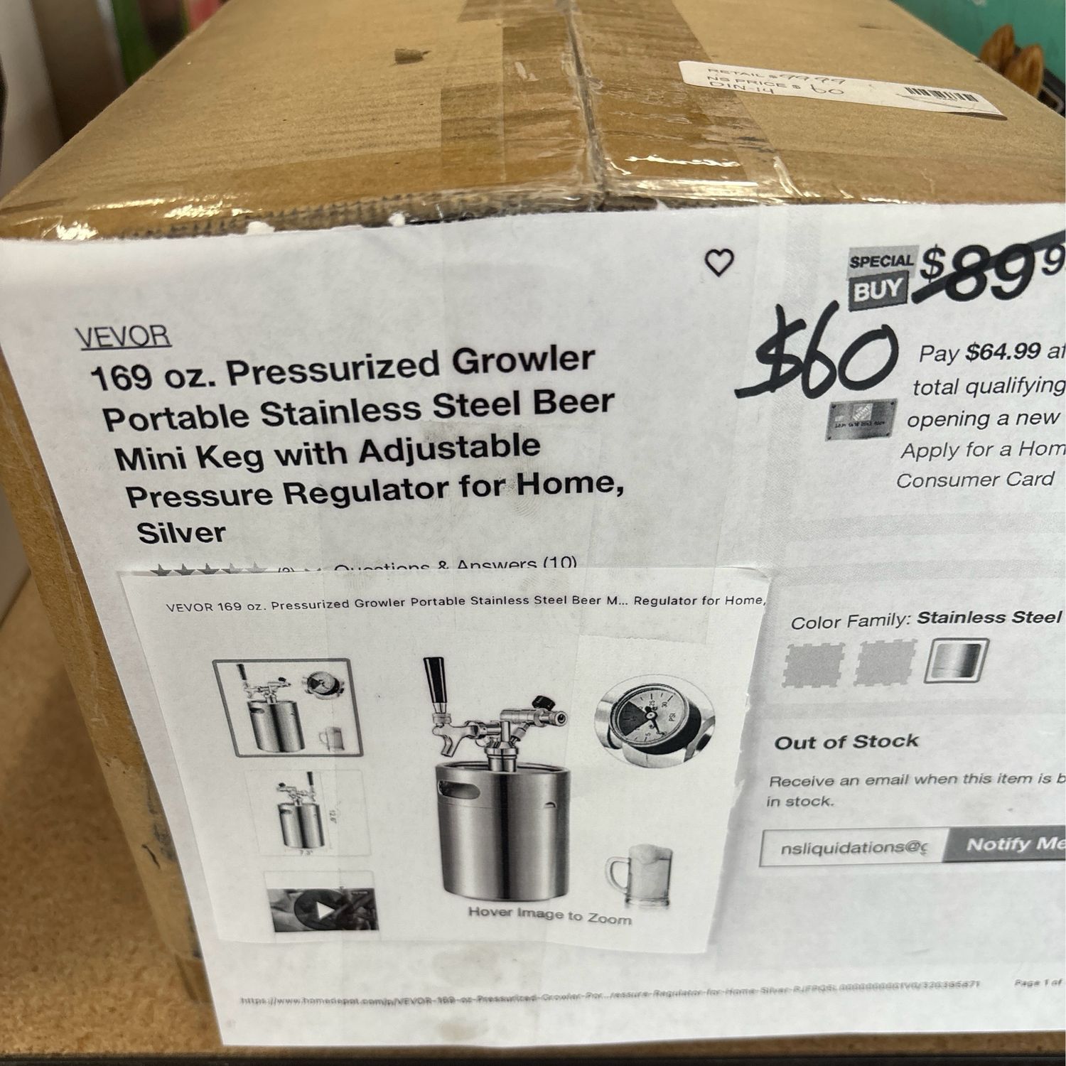 Vevor 169 oz. Pressurized Growler Portable Stainless Steel Beer Mini Keg PJFPQ5L0000000001V0