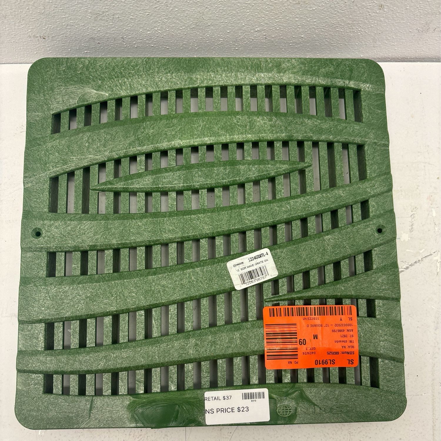 NDS 12 in. Plastic Square Drainage Catch Basin Grate with Wave Design in Green 1224GRRTL