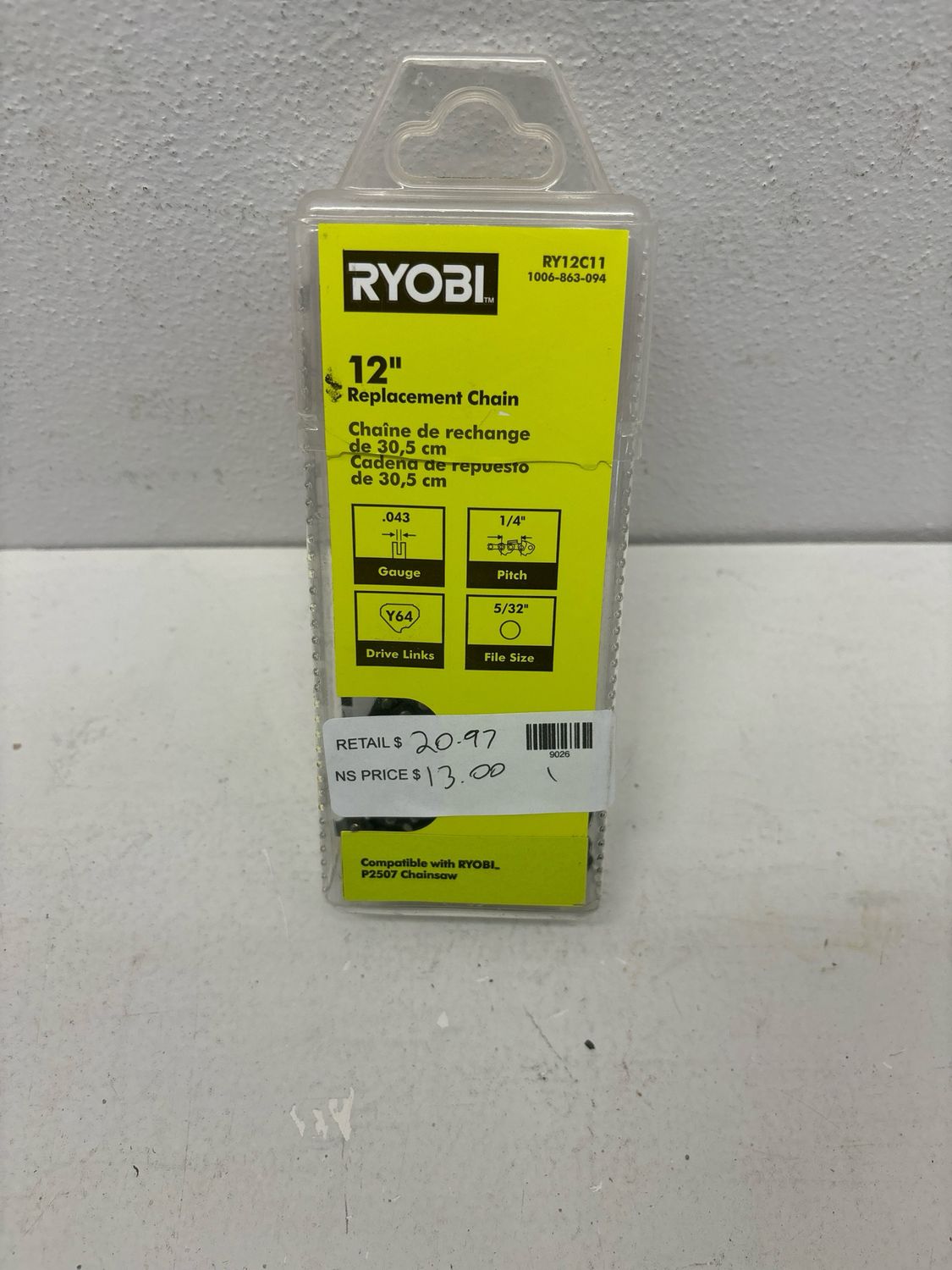 Ryobi 12 in. 0.043 Gauge Replacement Chainsaw Chain, 64 Links (Single Pack) RY12C11