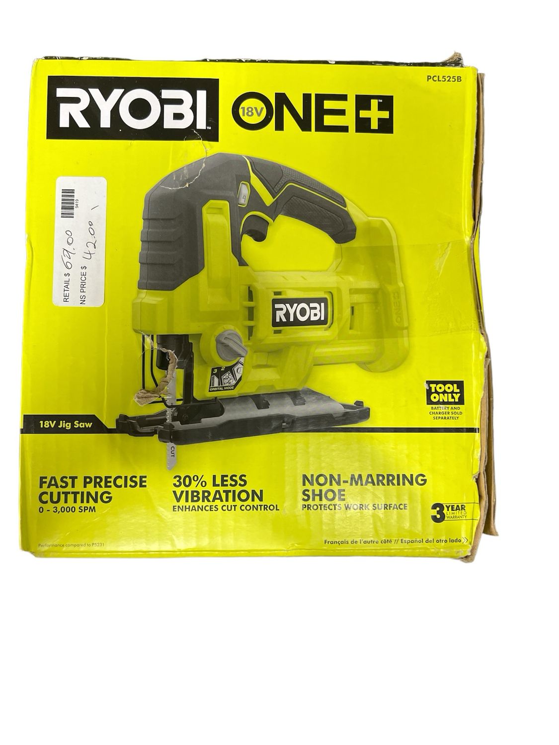 Ryobi ONE+ 18V Cordless Jig Saw (Tool Only) PCL525B   .