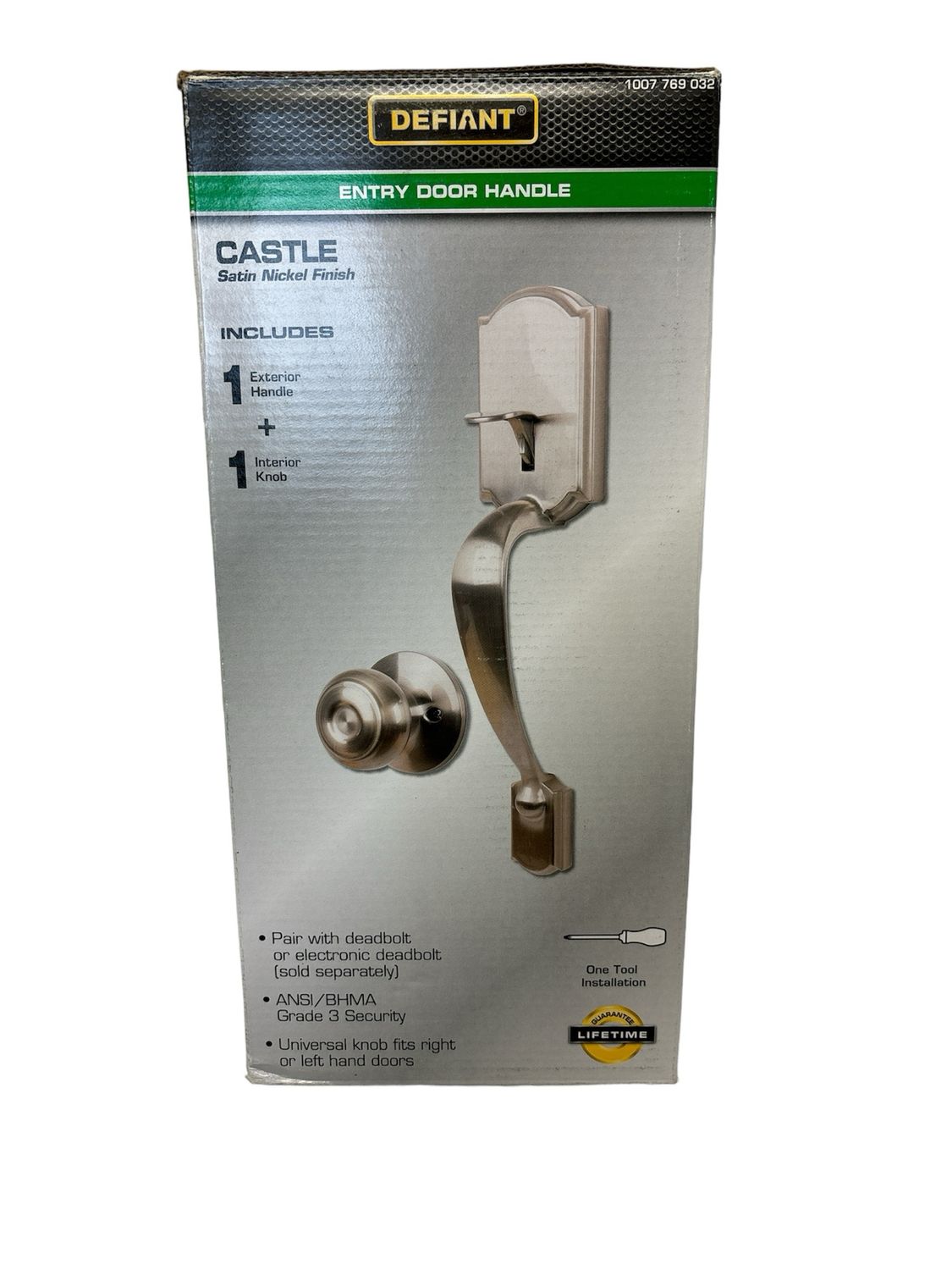 Defiant Castle Satin Nickel Entrance Door Handleset with Hartford Interior Knob HWX2G3