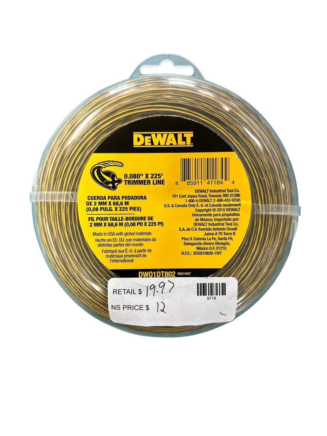 DEWALT 0.080 in. x 225 ft. Replacement Line for Cordless Battery Operated Bump Feed String Grass Trimmer/Lawn Edger DWO1DT802