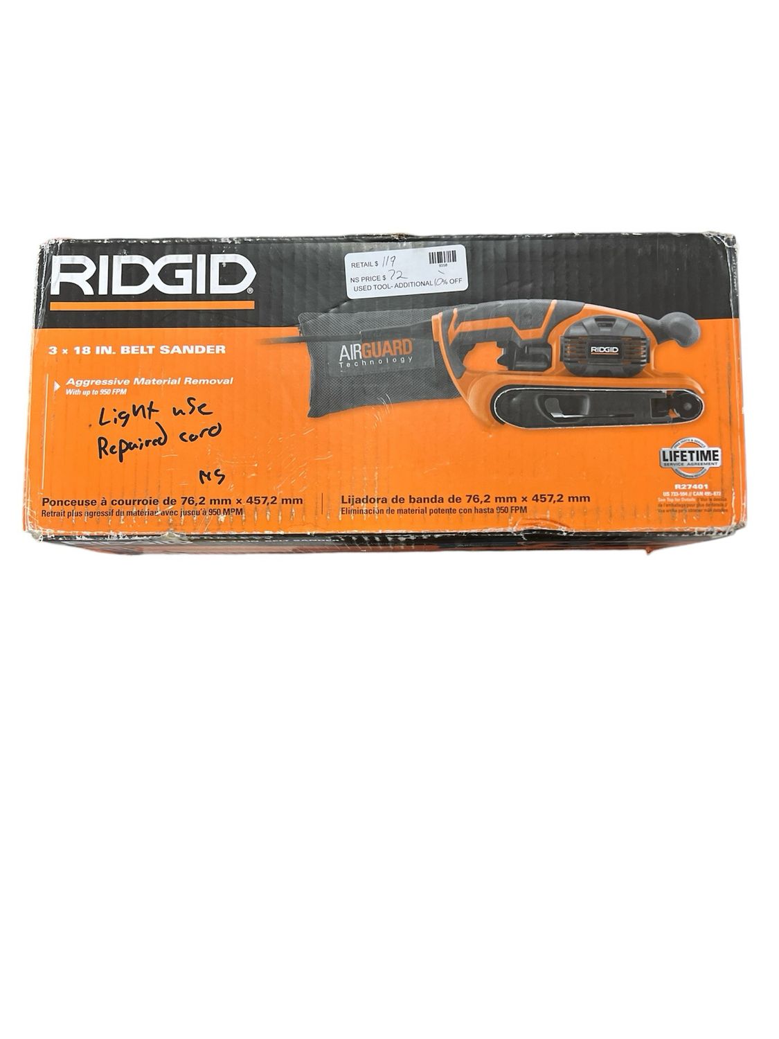 Ridgid 6.5 Amp Corded 3 in.W x 18 in.L Heavy-Duty Variable Speed Belt Sander with AIRGUARD Technology R27401 .