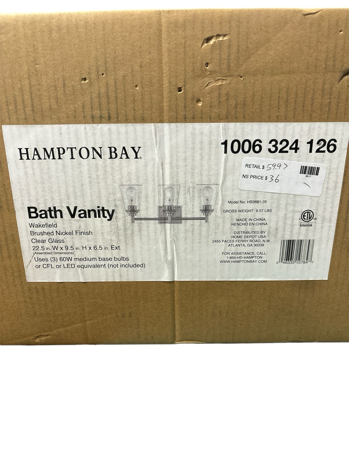 Hampton Bay Wakefield 22 in. 3-Light Brushed Nickel Modern Vanity with Clear Glass Shades HB3681-35