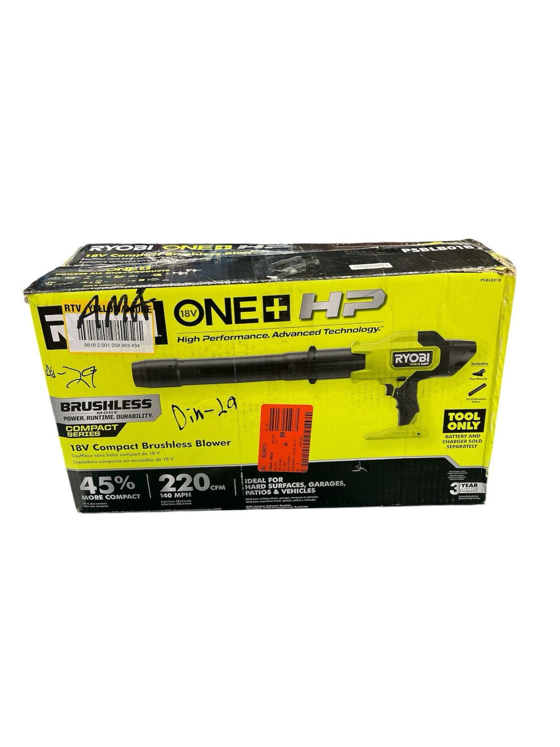Ryobi ONE+ HP 18V Brushless Cordless 220 CFM 140 MPH Compact Blower (Tool-Only) PSBLB01