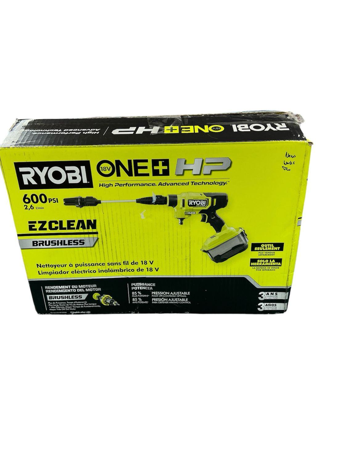 Ryobi ONE+ HP 18V Brushless EZClean 600 PSI 0.7 GPM Cordless Cold Water Power Cleaner (Tool Only) RY121850 .