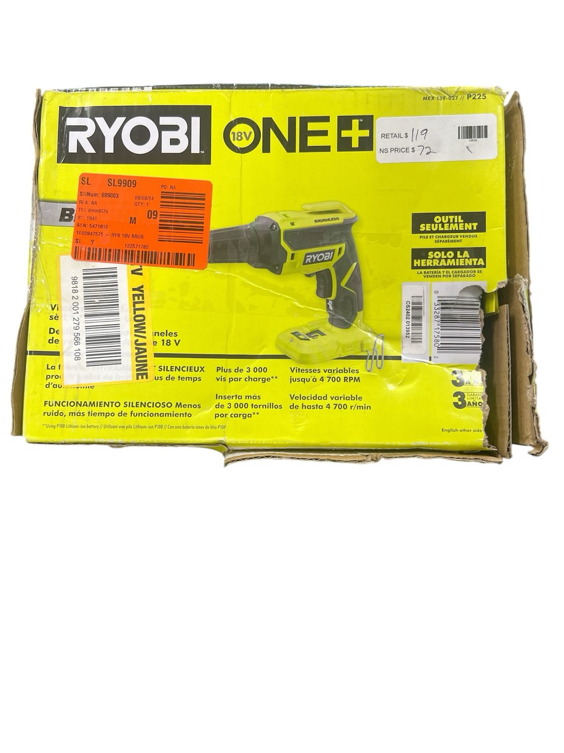 Ryobi ONE+ 18V Cordless Brushless Drywall Screw Gun (Tool Only) P225