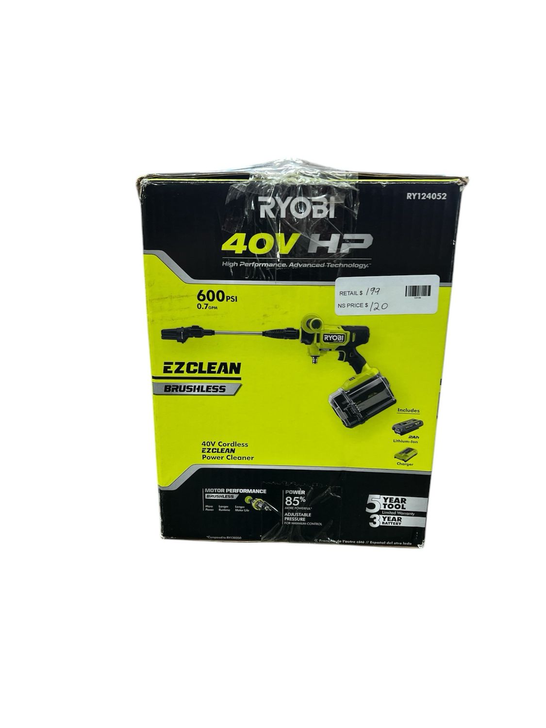 Ryobi 40V HP Brushless EZClean 600 PSI 0.7 GPM Cordless Battery Cold Water Power Cleaner with 2.0 Ah Battery and Charger RY124052K ..