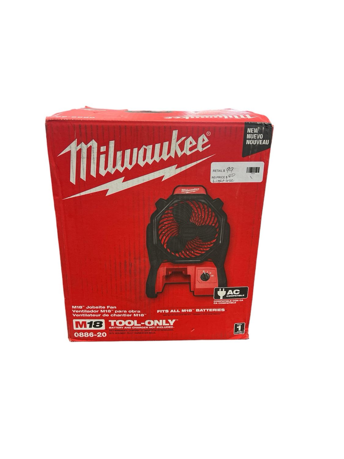 Milwaukee M18 Jobsite Fan, Cordless, 3-Speed Settings, 18 V, Includes AC Adapter, Red/Black, Tool-Only 0886-20