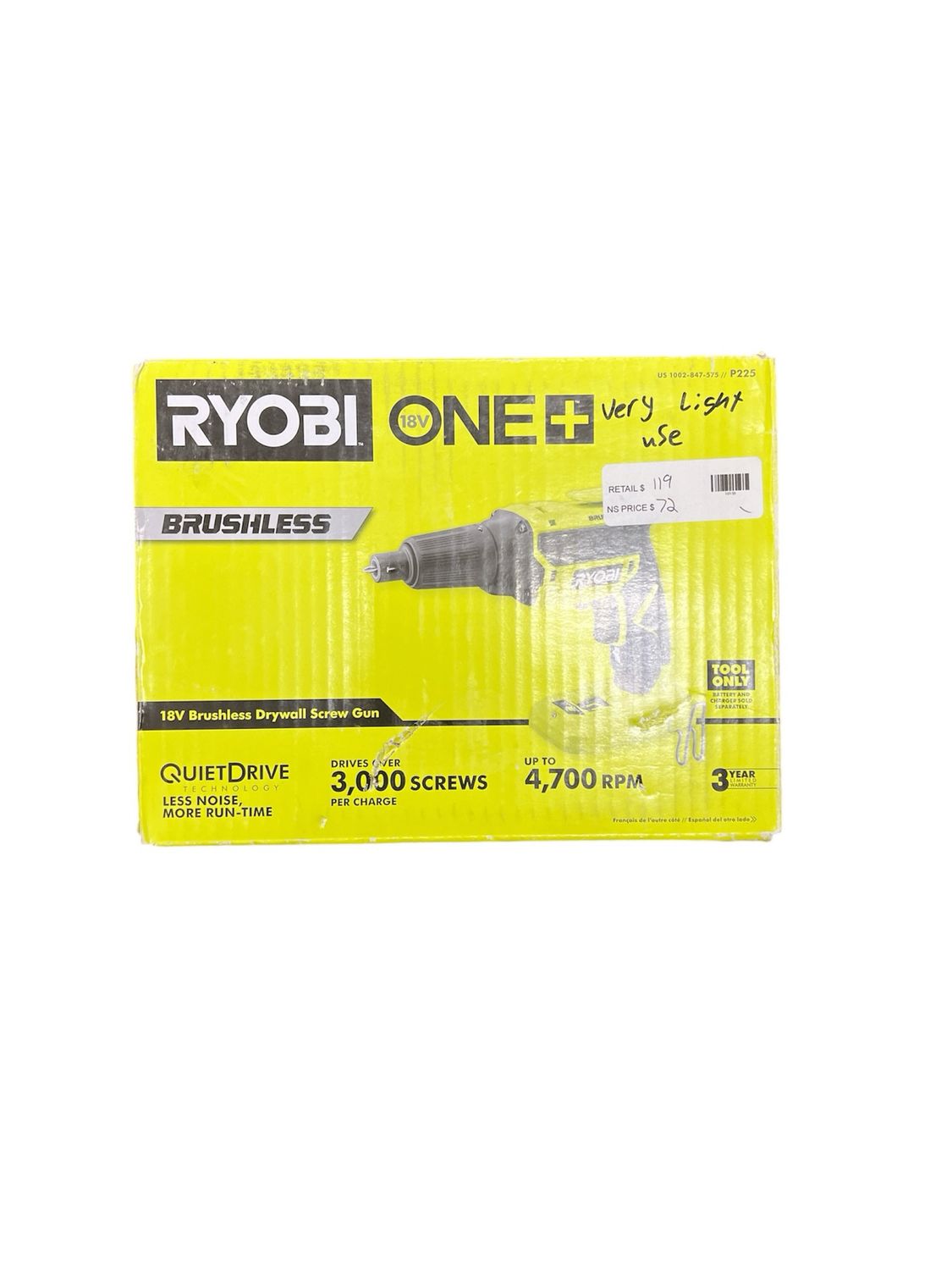 RYOBI ONE+ 18V Cordless Brushless Drywall Screw Gun (Tool Only) P225 .