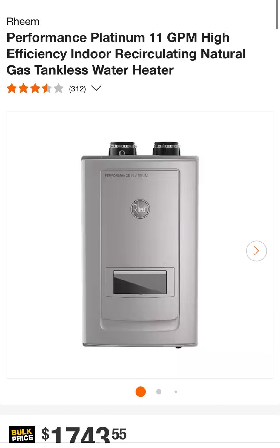 Rheem Performance Platinum 11 GPM High Efficiency Indoor Recirculating Natural Gas Tankless Water Heater ECOH200DVRHLN