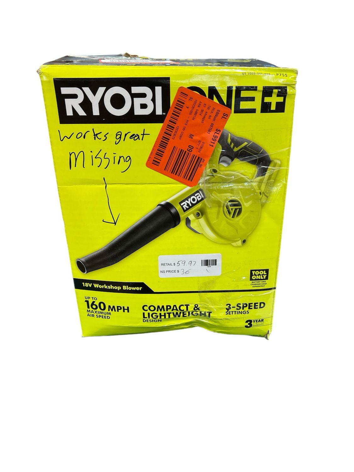 Ryobi ONE+ 18V Cordless Compact Workshop Blower (Tool Only) P755.