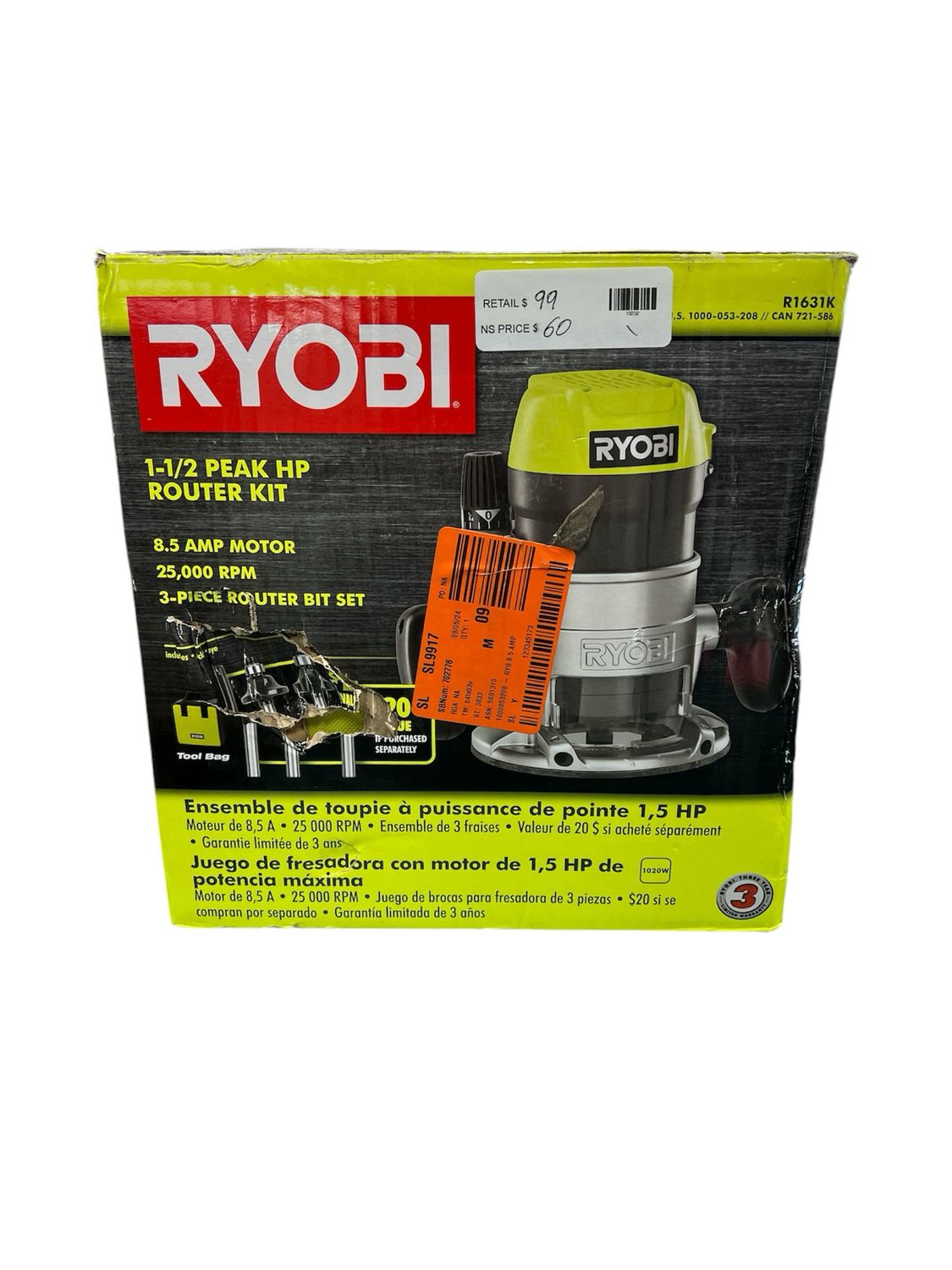 Ryobi 8.5 Amp 1-1/2 Peak HP Fixed Base Corded Router R1631K