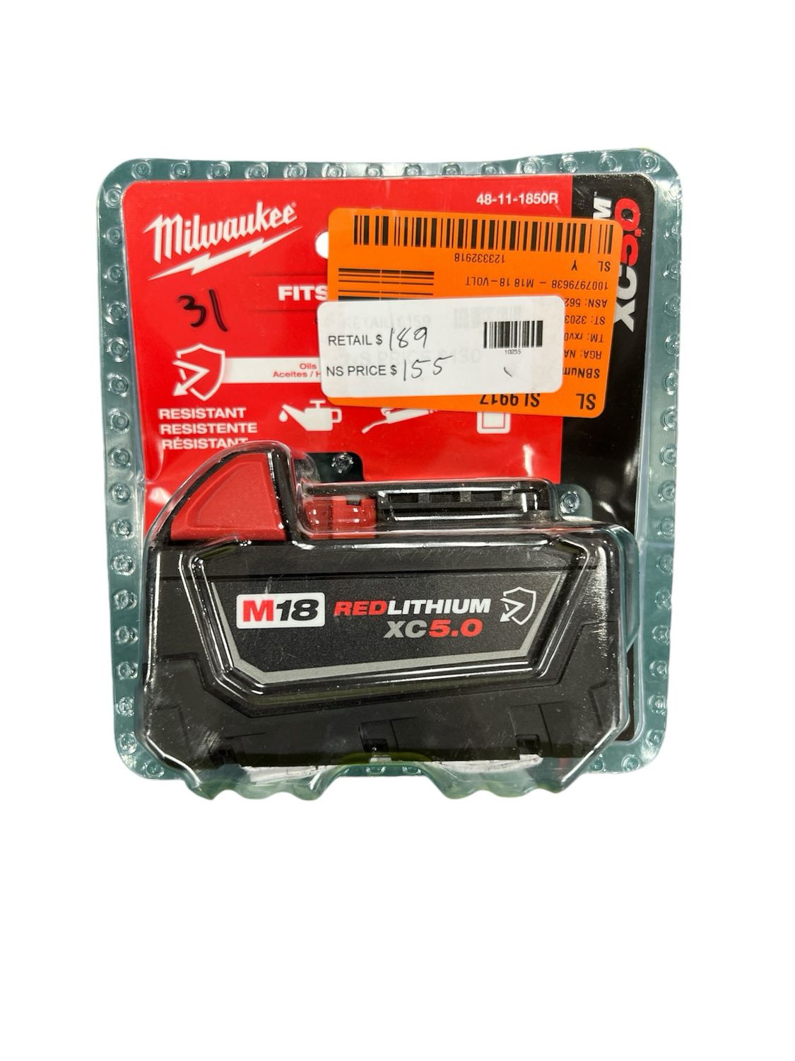 Milwaukee M18 18-Volt 5.0 Ah Lithium-Ion XC Extended Capacity Resistant Battery Pack 48-11-1850R