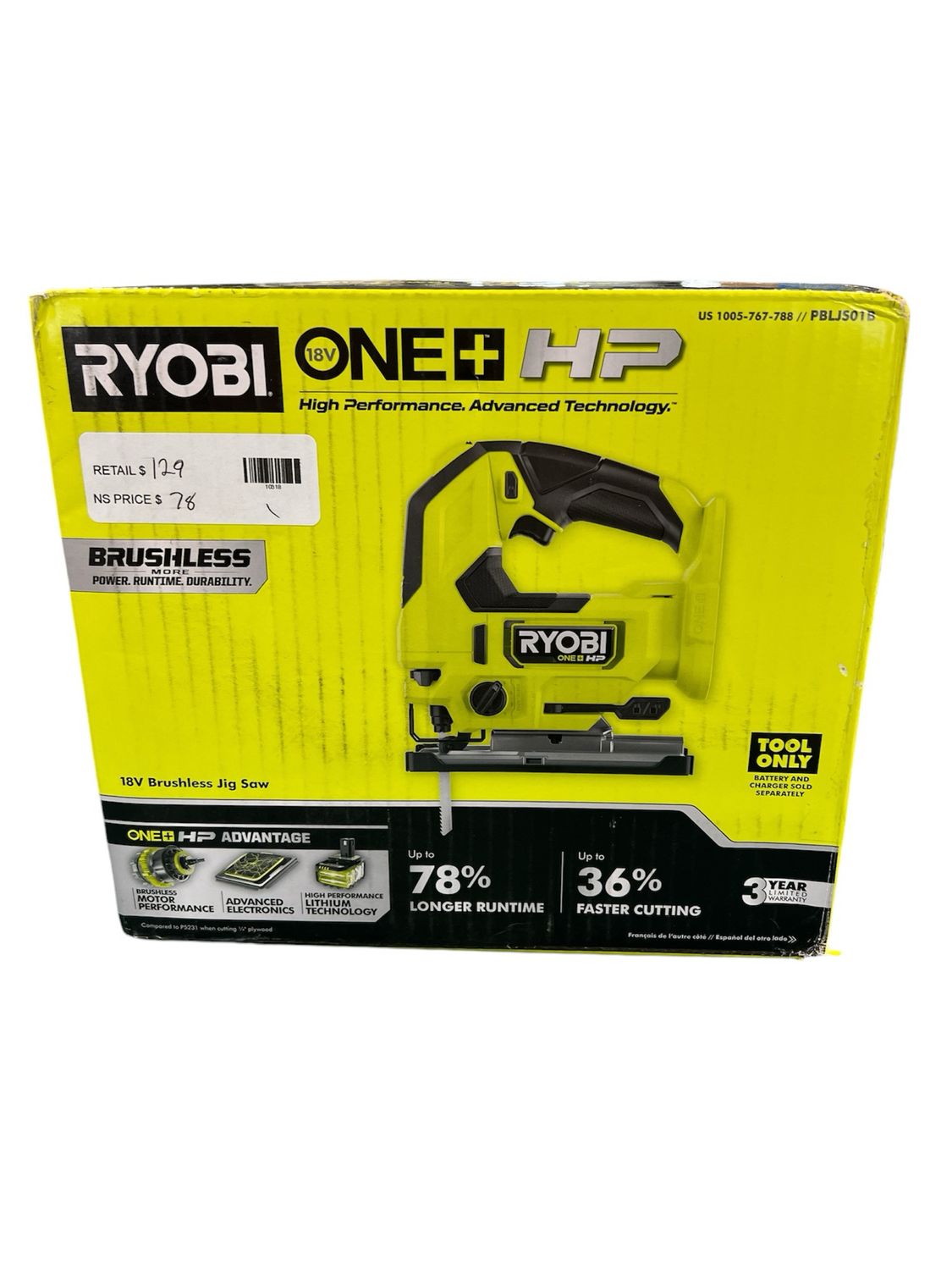 Ryobi ONE+ HP 18V Brushless Cordless Jig Saw (Tool Only) PBLJS01B .