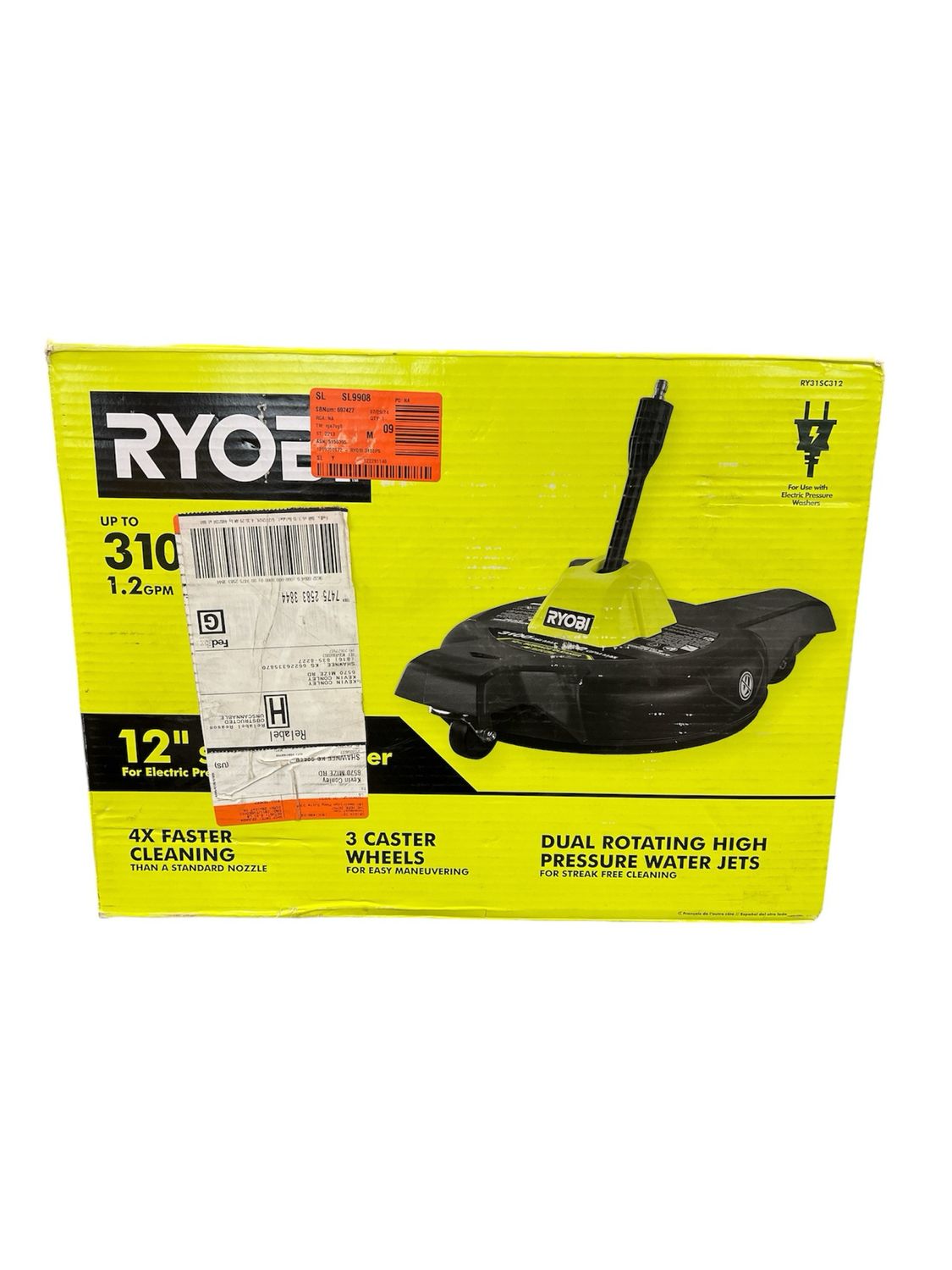 Ryobi 12 in. 3100 PSI Electric Pressure Washer Surface Cleaner with Caster Wheels RY31SC312 ..