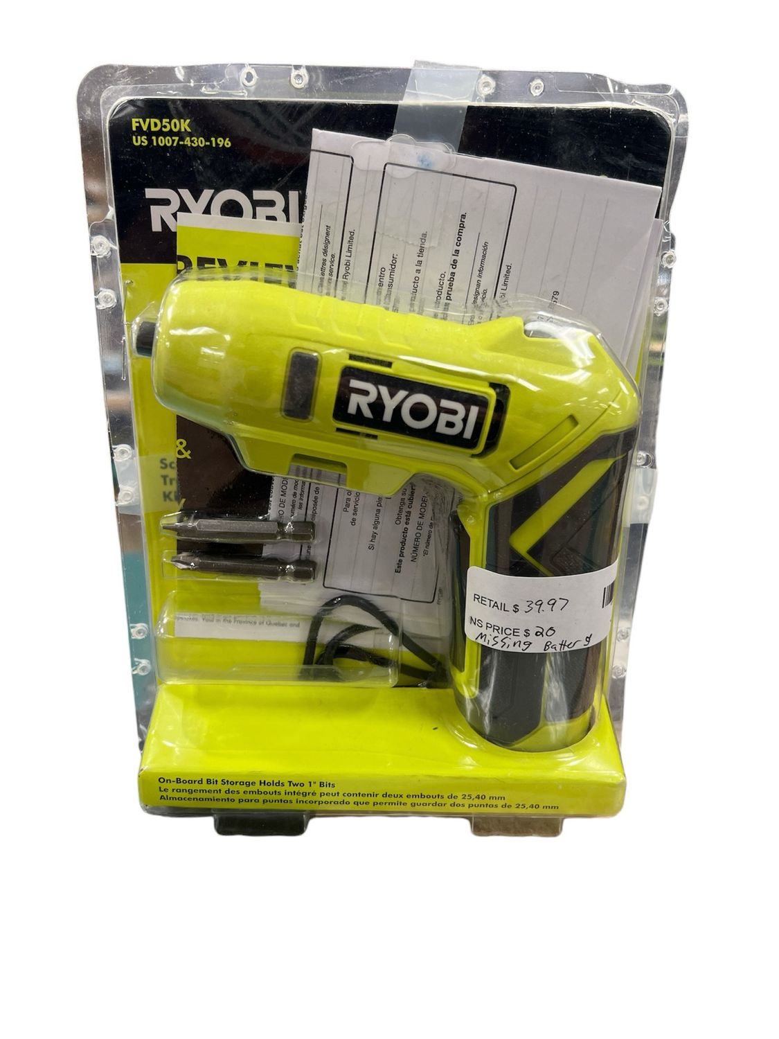 RYOBI USB Lithium Screwdriver Kit with 2.0 Ah USB Lithium Battery and Charging Cable FVD50K