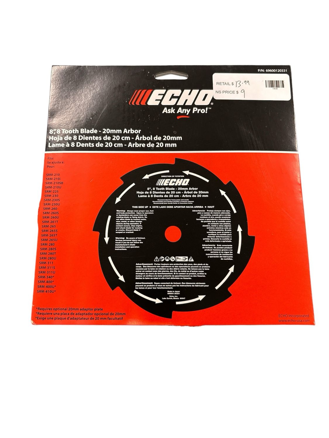 ECHO 8 in. 8-Tooth Grass and Weed Blade (20 mm) 69600120331